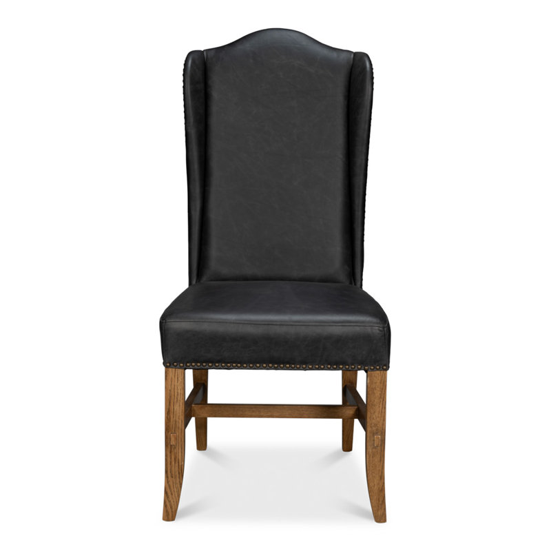 20'' H Genuine Leather Upholstered Oak Parsons Chair, Black