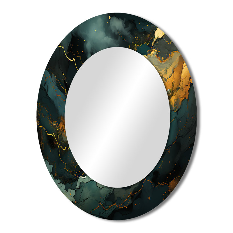 Gold And Green Abstract Marble Aura III - Large Oval Wall Mirror On Metal, 43" x 33"