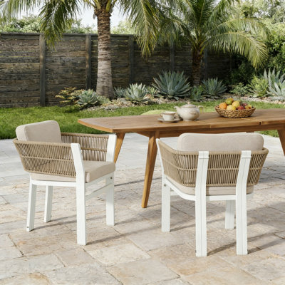 Outdoor Dining Chair Set Of 2 ,White Aluminum Frame With Beige Cushion, 300lbs Capacity, All-Weather Patio Seating For Backyard, Deck & Garden