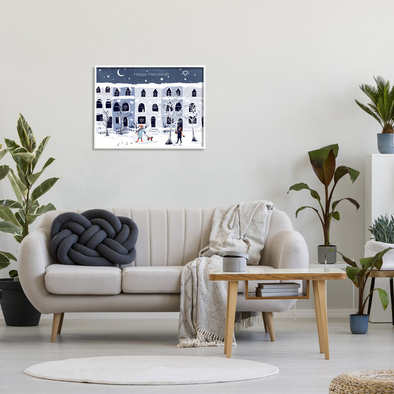 «Happy Hanukkah Winter City» par Susse Linton, H 24 po x l 30 po, Giclée encadrée blanc bord de mer