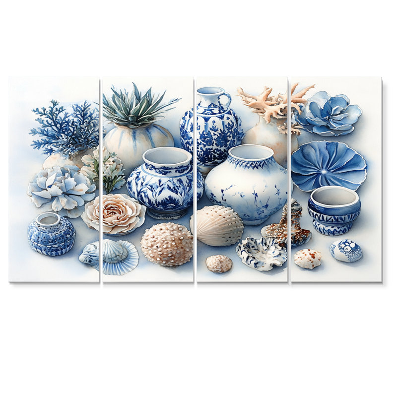 Poterie en tons de bleu et blanc III - ensemble de salon d'art mural côtier en poterie, H 28 po x l 48 po