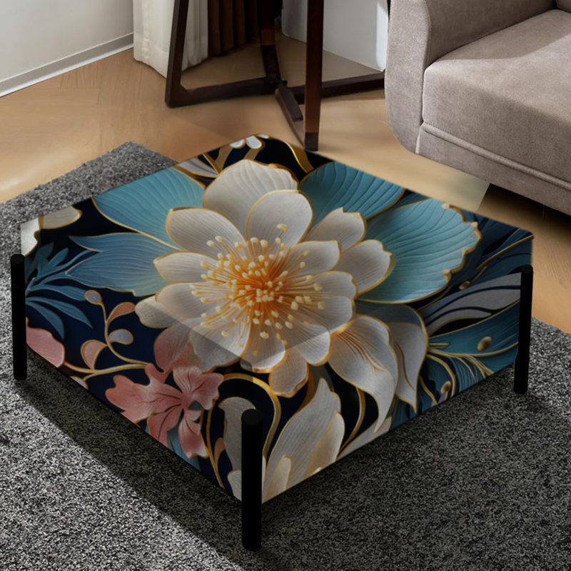Pivoines métalliques bleues et beiges - Grand repose-pieds carré floral