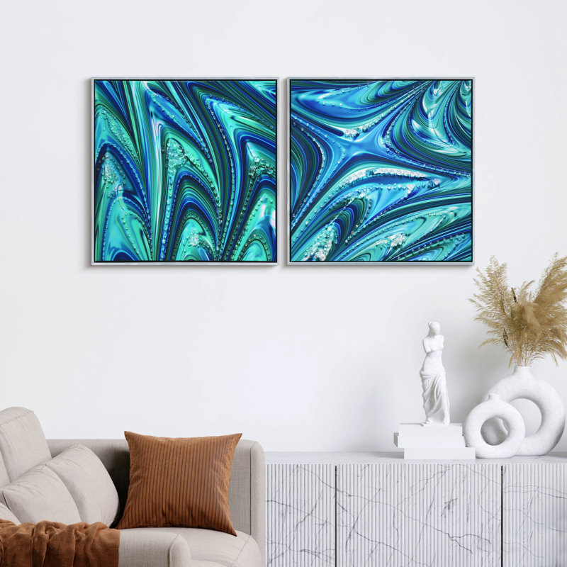 «Ocean Waves I & II», art mural encadré avec toile époxy Crystallus