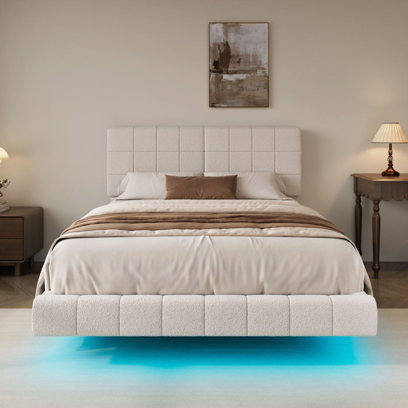 Lit flottant blanc avec lumière et grand lit blanc, Grand