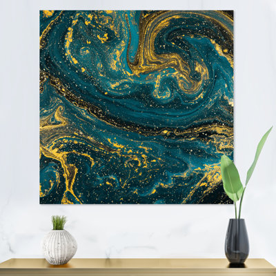 Art bleu doré liquide II - art moderne sur toile