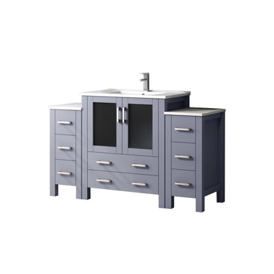 Single Bathroom Vanity 54 In. W, Dark Grey Finish, White Ceramic Countertop, Faucet , Soft - Closing Drawers, And Cabinet Storage Bath Wide, Top, Stainless Steel Faucet, Close Space