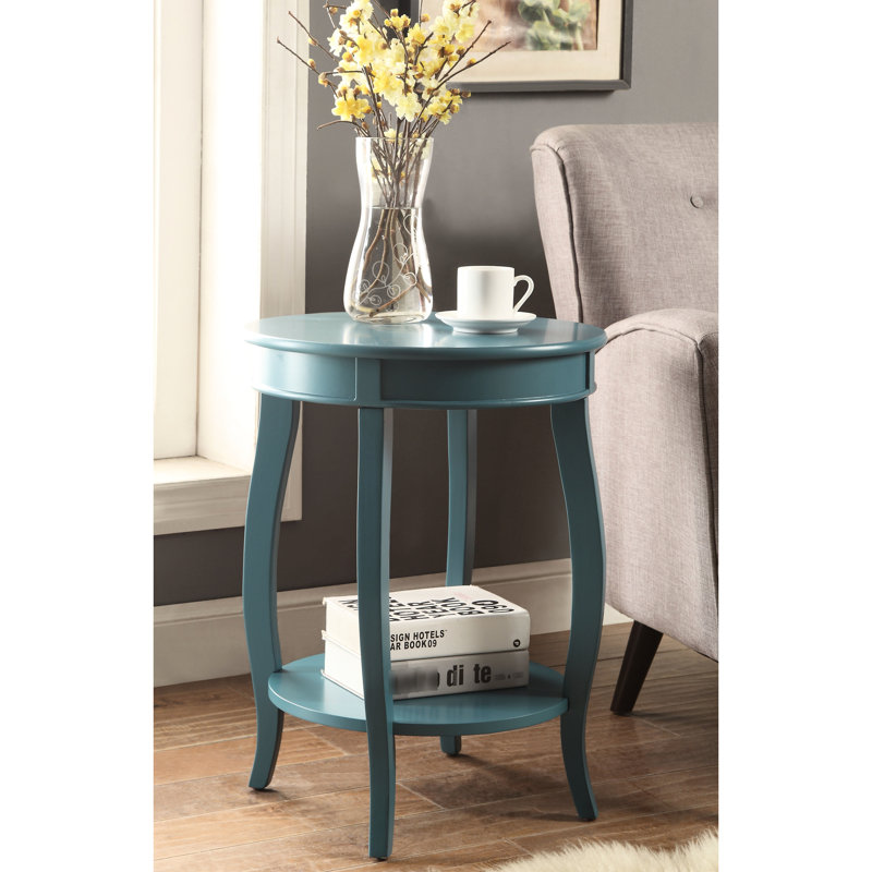 Table d'appoint de rangement ouverte en sarcelle - Pieds en bois massif et plateau rond