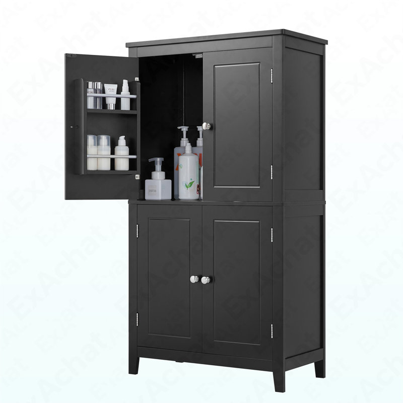 Elegant Bathroom Floor Storage Cabinet, Bathroom Storage Unit, Freestanding Cabinet With 4 Doors, Adjustable Shelves, Adaptable Shelves, Black