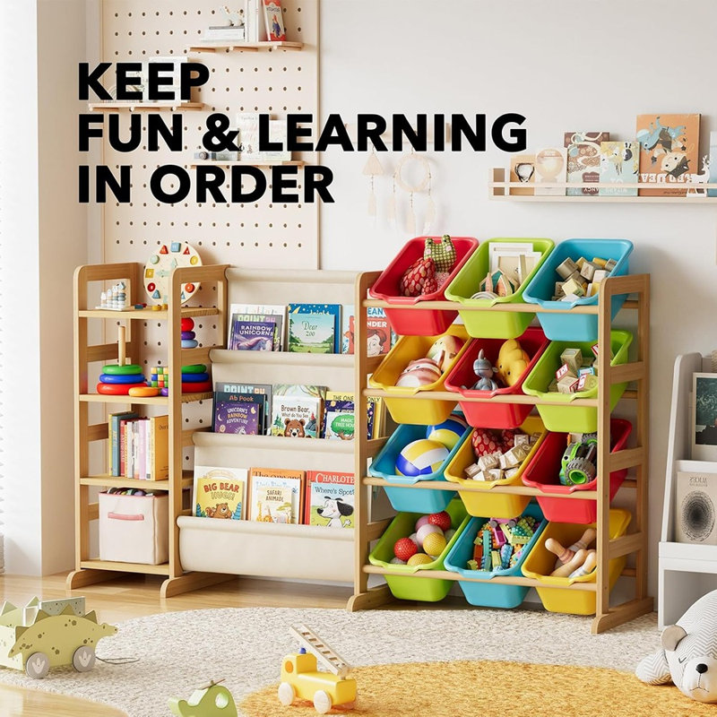 Organisateur de rangement de jouets 3 en 1 avec 4 tablettes et 12 bacs - Bibliothèque à 3 niveaux
