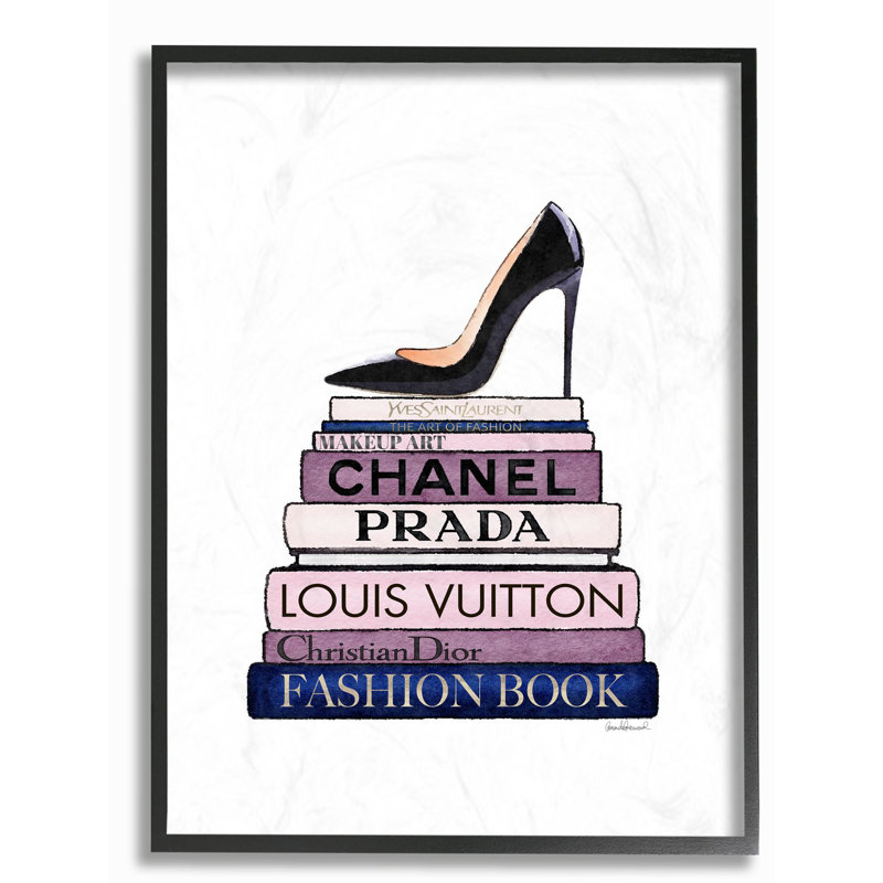 « mode stylisé chaussures bookstack blue purple », impression, H 30 po x l 24 po x P 1,5 po, Giclée encadrée noir minuit