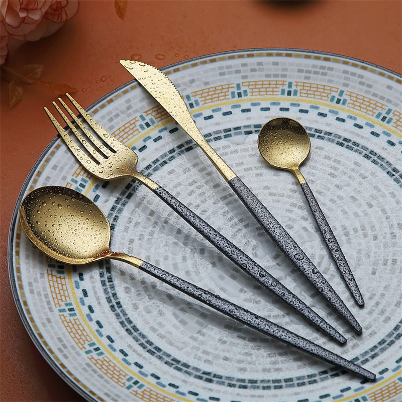 Cutlery Set 24 Pieces With Moon Surface Black Handle And Shiny Gold Mouth Titanium Coating Stainless Steel Modern Cutlery Set Utensils Set,Dishwasher Safe, Service For 6