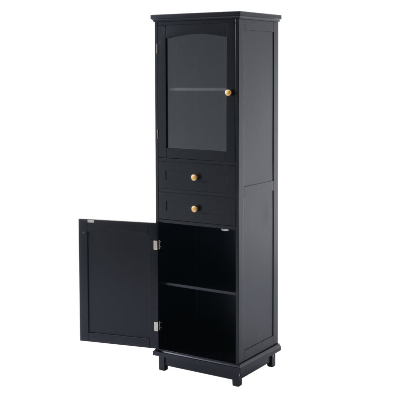 63" Tall Bathroom Storage Cabinet with Glass Doors, Freestanding, 2 Drawers, Adjustable Shelves, MDF, Matte Black