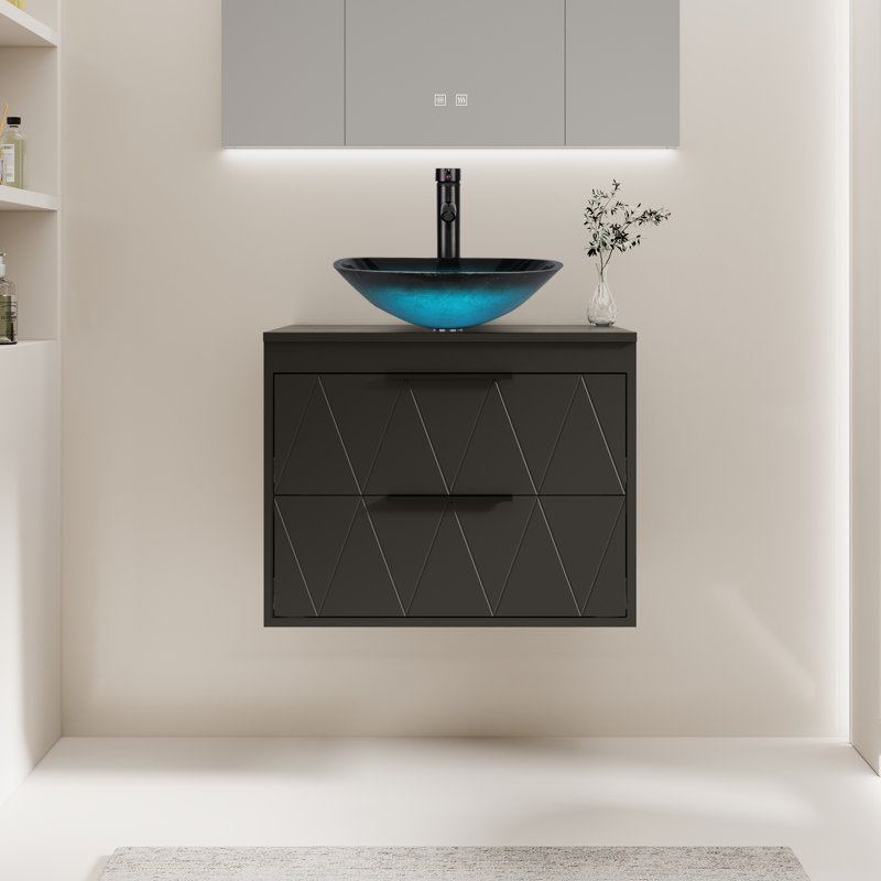 Meuble-lavabo mural 24 po avec lavabo vasque Sharee, Noir, Bleu clair