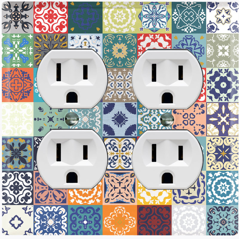 Metal Light Switch Plate Outlet Cover (Vintage Colourful White Elegant Square Pattern Picnic - Single Toggle)