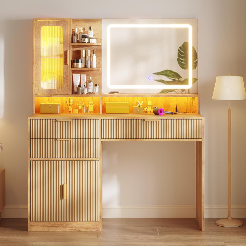 42.5" Fluted Makeup Vanity Desk With Touch Screen Mirror,charging Station & Rgb Lights,and Lights Vanity Table With 3 Drawers & Cabinet & Shelves