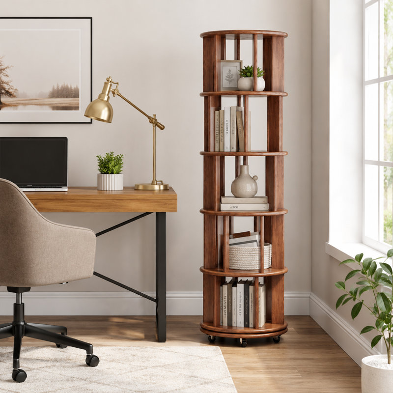 Modern Solid Wood 5 Tier Rotating Rolling Bookcase for Small Spaces