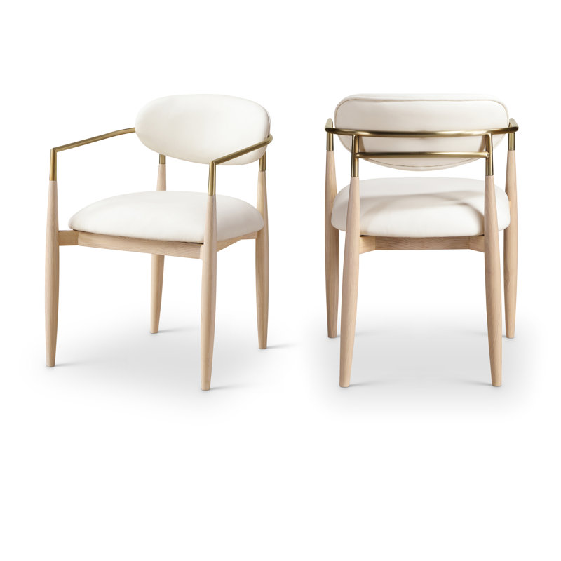 Eligah Vegan Leather Upholstered Dining Arm Chair, Stained Natural / Brushed Brass, Cream Vegan Leather