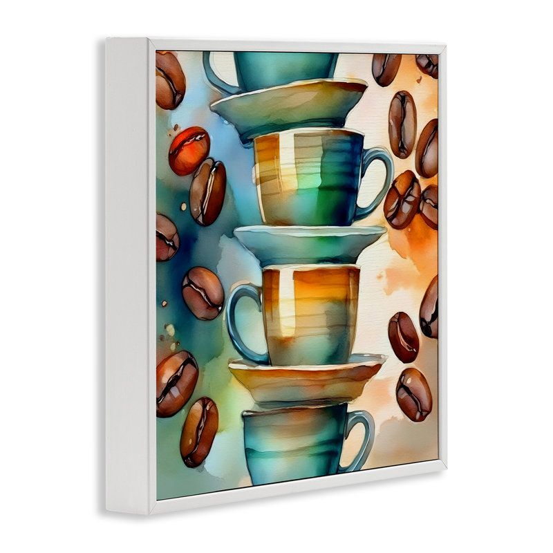  Grains de café et tasses, art giclée par Alina Georgescu, H 17 po x l 17 po, Estampe numérique encadrée blanc bord de mer