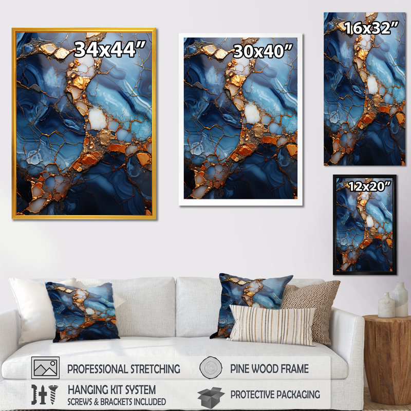 «Gold and Blue Marble Mosaic Agate VI», reproduction d'art murale abstraite, Cadre flottant doré, H 32 po x l 16 po