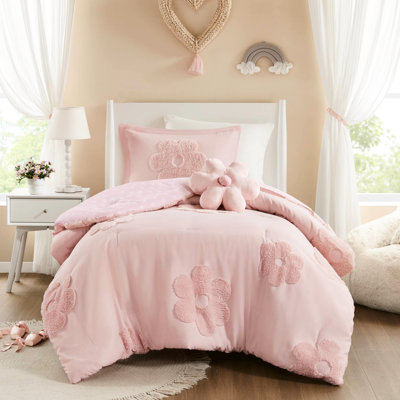 Twin Pink Reversible Chenille Comforter With Proof Filling And Feature Floral Machine Washable