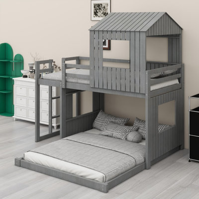 Bunk Bed With Playhouse, Farmhouse, Ladder And Guardrails