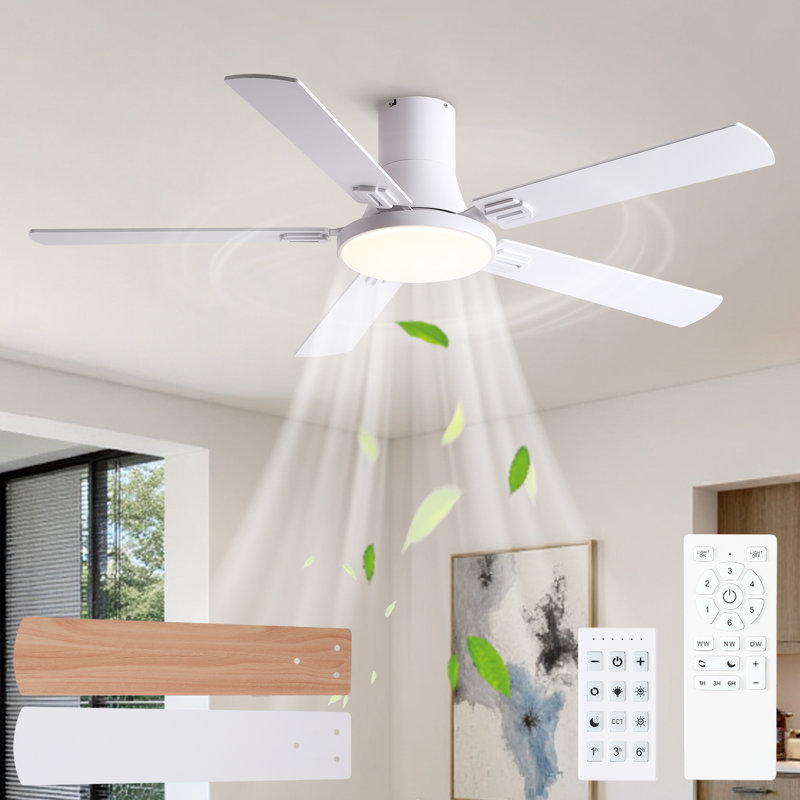 52-Inch White Flush Mount Ceiling Fan Light with Remote&Wall Control,5 Reversible Blades with Dimmable LED 3CCT,6 Speed,Timer for Bedroom,Living Room,Patio,Balcony.