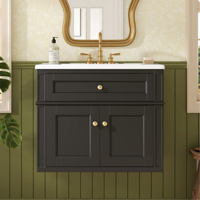Meuble-lavabo mural moderne de 61 cm (24 po) avec tiroir basculant et charnières à fermeture amortie, meuble de salle de bain à ouverture arrière, 2 portes, meuble-lavabo avec lavabo simple en céramique