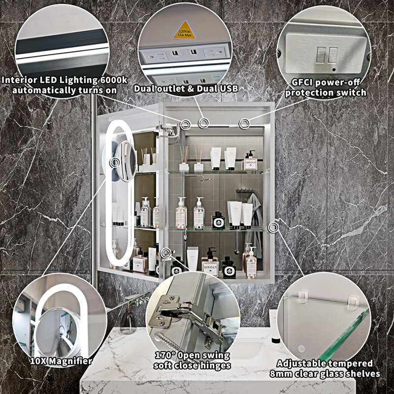 Armoire à pharmacie intelligente à DEL avec rangement multifonctionnel pour salle de bain