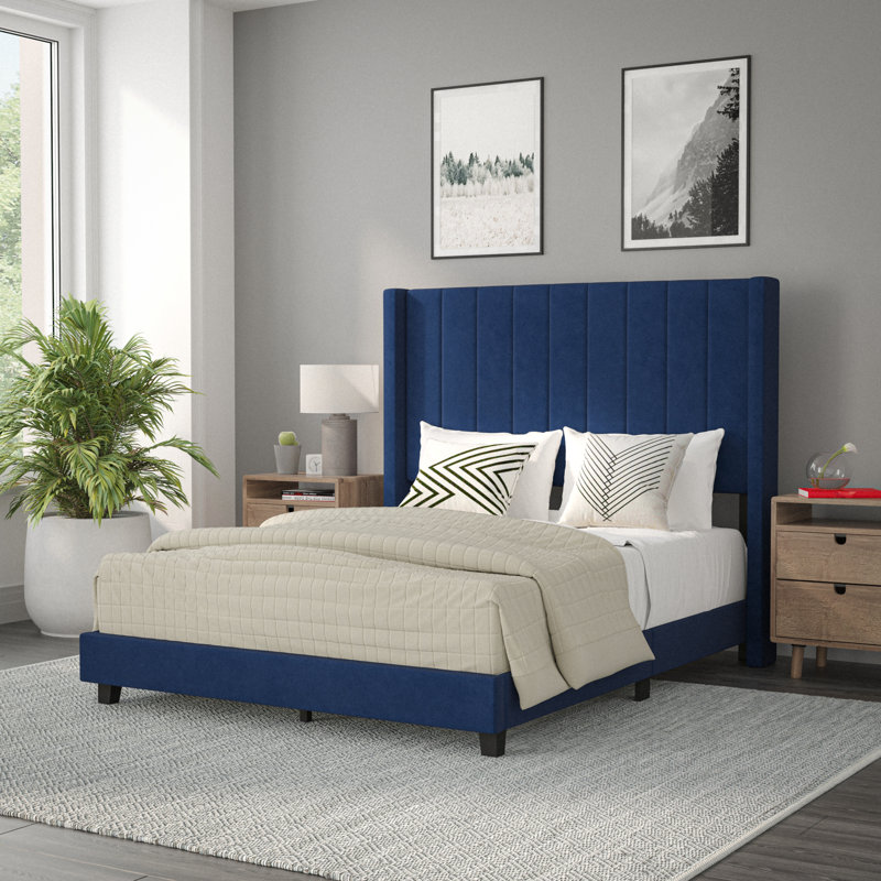 Upholstered Platform Bed with Vertical Stitched Wingback Headboard, Slatted Mattress Foundation, Full / Double, Navy