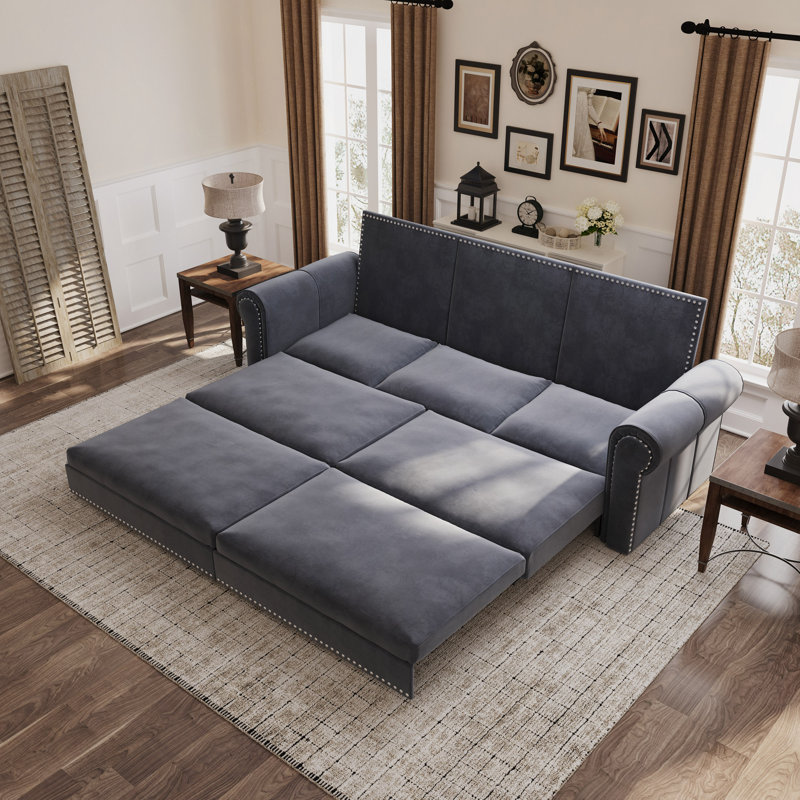 Canapé Chesterfield, canapé-lit gigogne de 93,7 po, canapé-lit convertible en velours 3 en 1 avec garniture cloutée et accoudoirs roulés, canapé-lit multifonctionnel, chambre à coucher