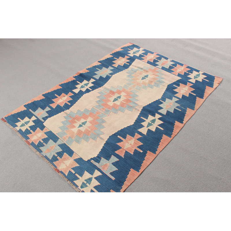 Kilim Oushak turc fait à la main en beige pour chambre à coucher et cuisine avec décor rétro et motif géométrique