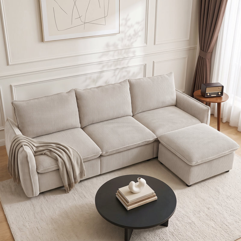 Canapé modulaire en L avec repose-pieds Boucle, White Corduroy