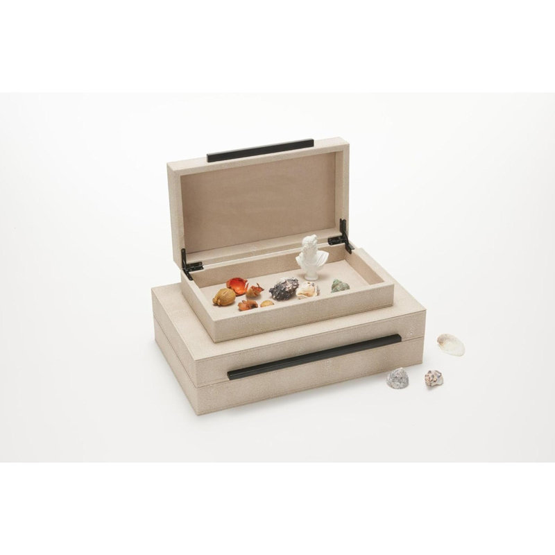 Sagala Set Of 2 Ivory Shagreen Decorative Boxes With Handles, Faux Leather Jewelry Boxes Modern Storage Boxes Photo Boxes Memory Boxes Home Organizer Box