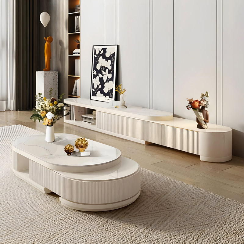  Bilawal 51.1"-64.9" Cream Style Oval Extendable Coffee Table Solid Wood With 4 Drawers, No-Assembly Required
