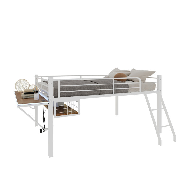 Lit mezzanine double en métal avec bureau intégré et bande lumineuse à DEL, blanc