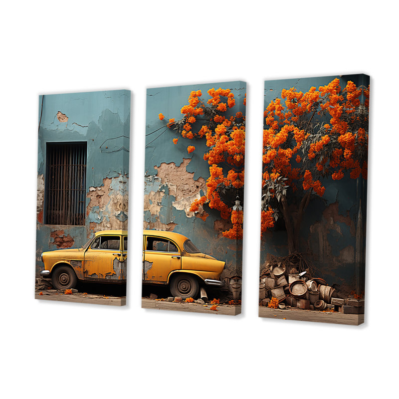 Ensemble de salon art mural jaune, voiture classique de Cuba I, H 32 po x l 48 po x P 1 po