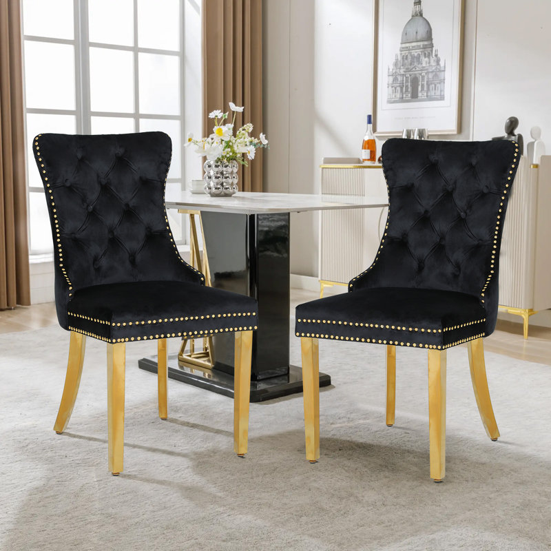 Chaises de salle à manger rembourrées avec dossier capitonné avec pieds en acier inoxydable, Noir, Doré
