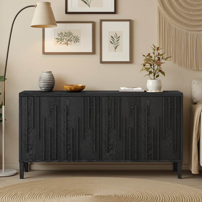 Buffet 59,8 po en bois de frêne avec poignées cachées, buffet de ferme avec armoire de rangement à 4 portes