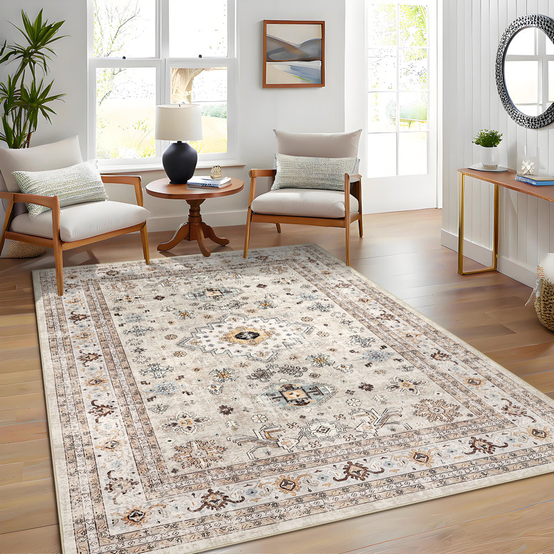 5 x 7 ft Polyester  Beige Rectangular Area Rug Flower Printed Persian Foldable Washable for Hallway Bathroom Entryway Kitchen Office