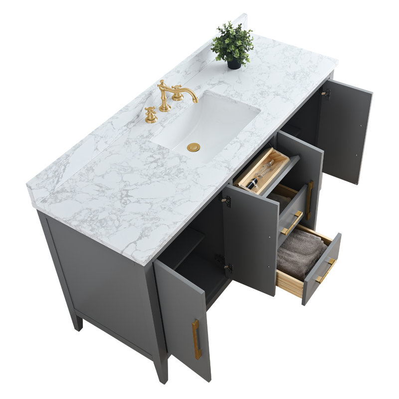 Chambery 60" Single Sink Bathroom Vanity with Engineered Marble Top, Golden Brushed, Cashmere Gray