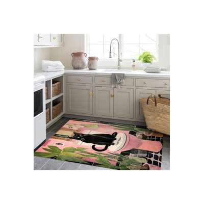 Northern Collection Pink Bath Black Cat Patterned Woven Base Decorative Rug
