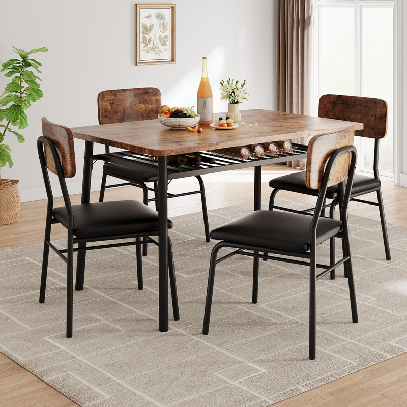Ensemble de table de salle à manger 5 pièces pour 4 personnes, plateau de table en bois avec support de rangement et structure en métal robuste, 4 chaises de salle à manger rembourrées, mobilier de cuisine compact, brun