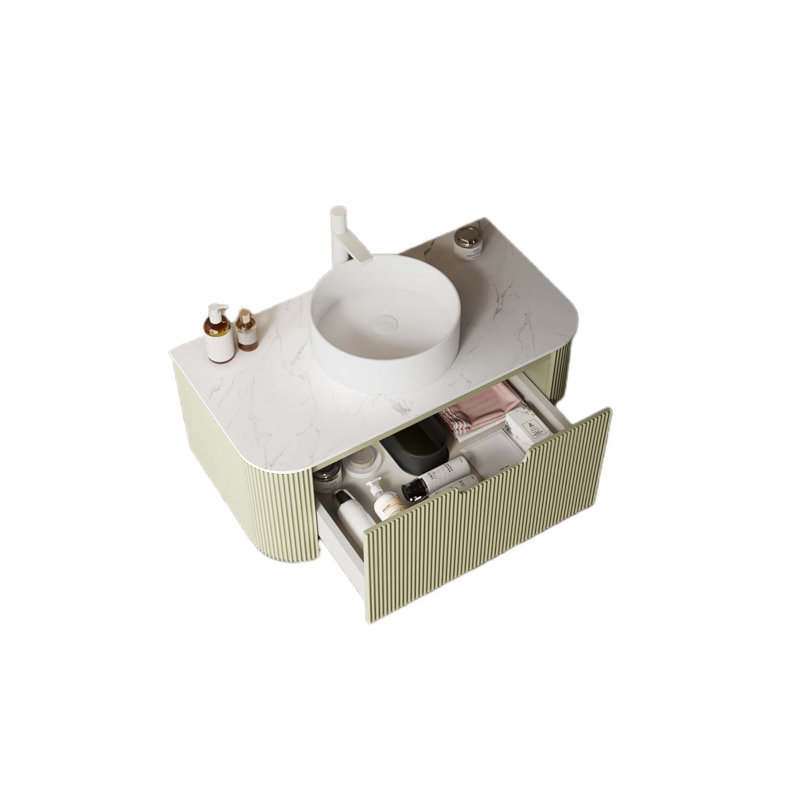 Bathroom Vanity With Sink, Modern Wall-Mounted Floating Curved Edges Striped Bathroom Storage Cabinet With A Drawer Round Ceramic Basin Without Faucet, Pre-Assembled