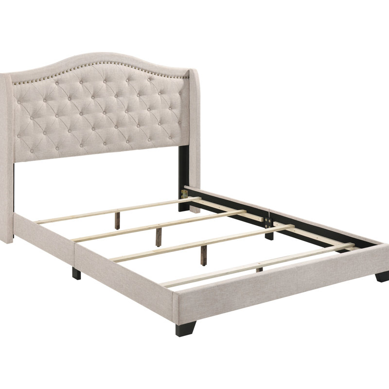 Lit double avec revêtement en cuivre beige et dossier à oreilles, rembourrage doux, panneaux latéraux à dossier haut, style transitionnel, sommier requis, support classique à oreilles de 58,7 pouces de largeur,