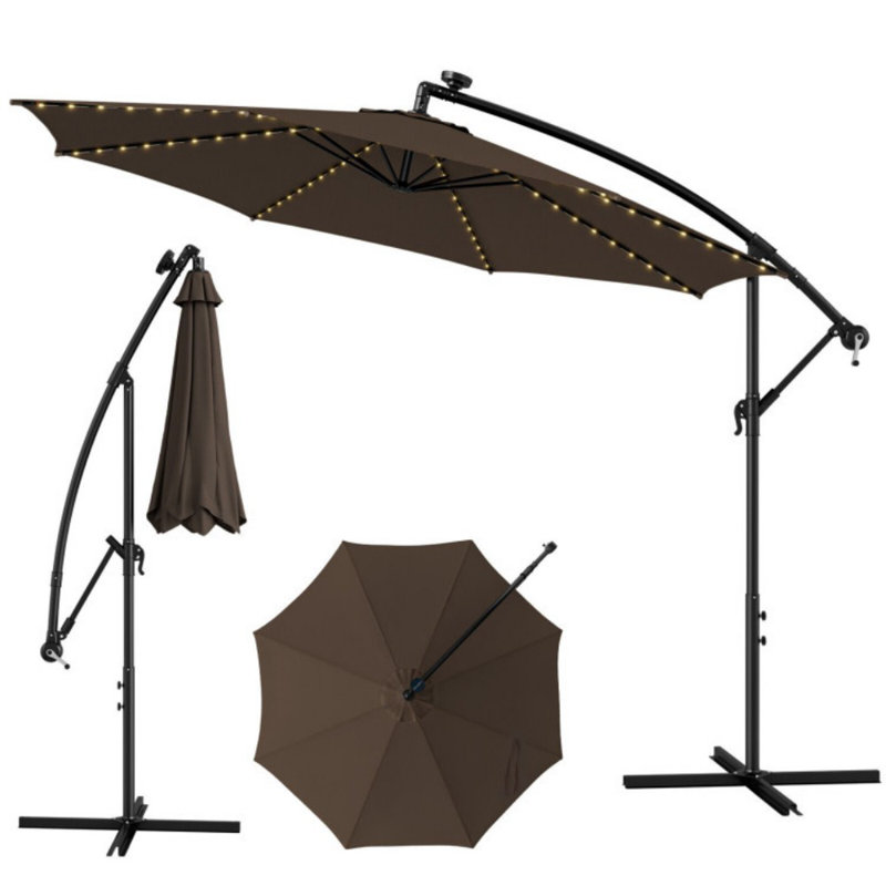 Coffee 10FT Solar-Lighted Cantilever Offset Patio Umbrella