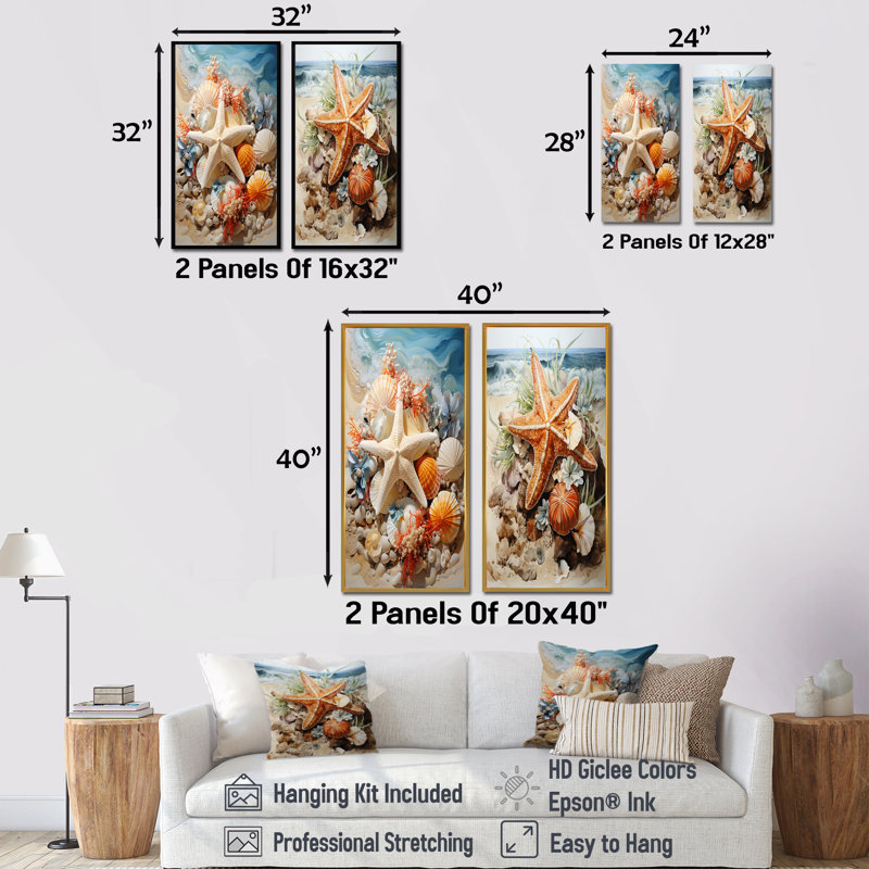 Orange et bleu étoile de mer Sands II - ensemble d'art mural sur toile tropical côtier, Toile tendue, H 28 po x l 25 po