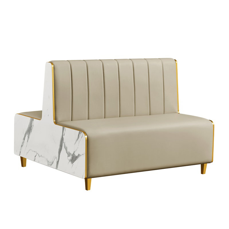 48"L x 36"H Melamine Double Booth with Vertical Channel Back & Padded Cream Vinyl Seat and Marble-Patterned Side Panel, Cream