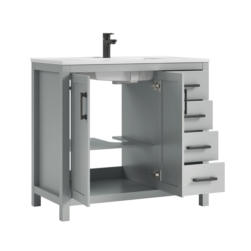 Meuble-lavabo simple autoportant avec plateau en composite Korde, Gris clair, 37"