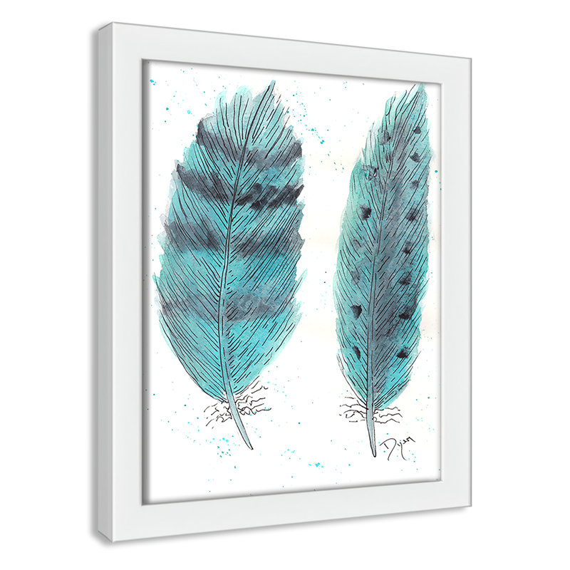 «Feathers in Turquoise II», art encadré, H 11 po x l 9 po x P 1,18 po, Cadre blanc