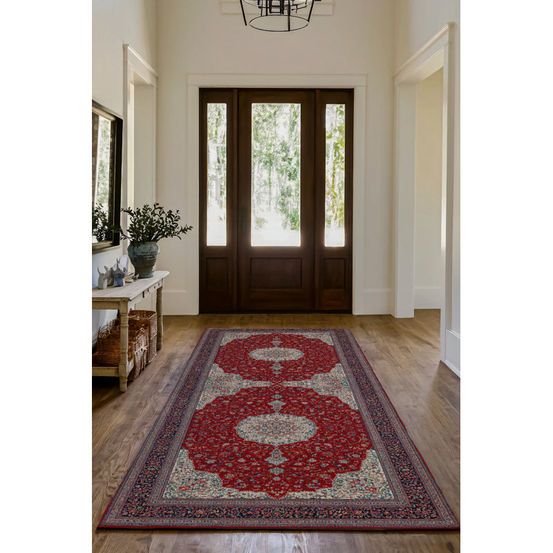Guria Red/Beige Oriental Machine Printed Cotton Chenille Area Rug, Runner 4' x 10'6"